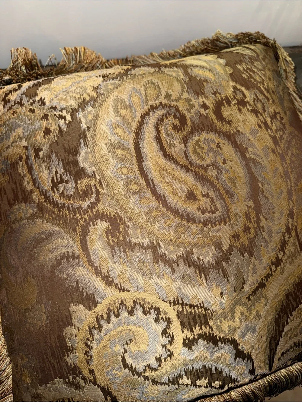 Decorative Tapestry Fringe Pillow with down feather insert in Gold and Brown